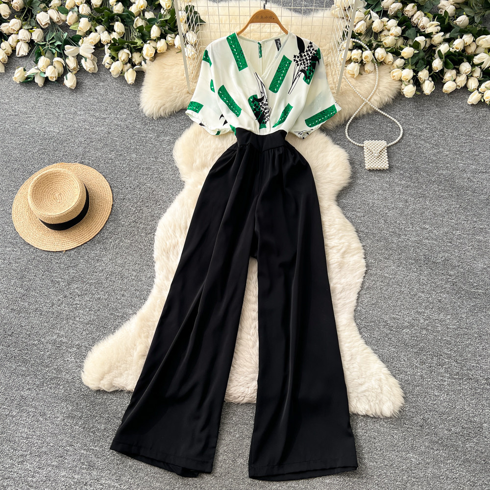 Korean Style Women's V Neck Jumpsuit High Waisted Wide Leg Pants Slimming Print Workwear Summer Elegant Long Romper_ecoleips.com