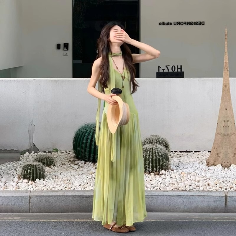 Green Collarless Sleeveless Camisole Dress for Women 2026 Summer Dopamine Style Gentle Wind Sleeveless Dress Green Collarless Sleeveless Camisole Dress for Women 2026 Summer Dopamine Style Gentle Wind Sleeveless Dress