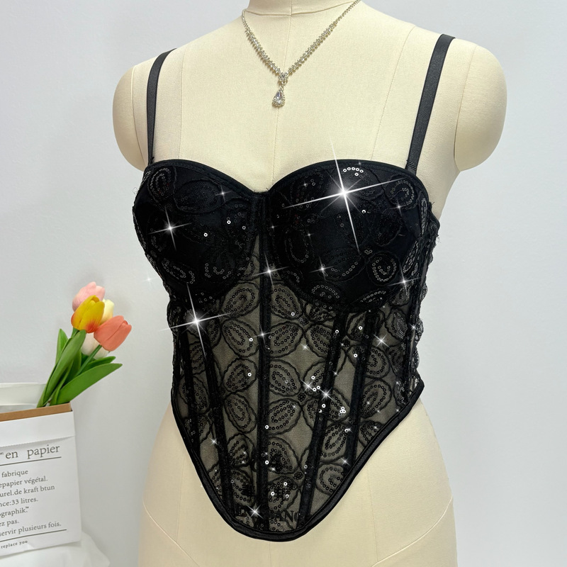 Cross-Border Hot Girl European and American Pure Color Lace Sequin Suspenders Slim Fit Breast-Revealing Women's Vest Fishbone Top Corsets
