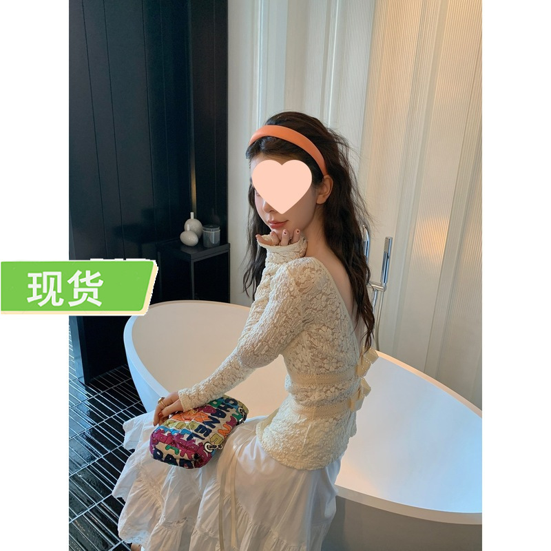 Le Rouge Zhou Meimei Spring Reverie Lace Jacquard Bow Tie Slightly Transparent Backless Bottoming Top