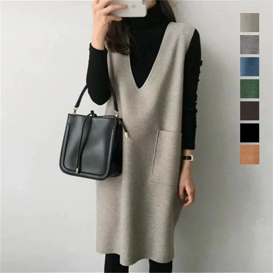 7 видов цветов в наличии шерстяной жилет для женщин 2023 Японский новый жилет средней длины с глубоким V-образным вырезом, юбка, базовое платье, цельное