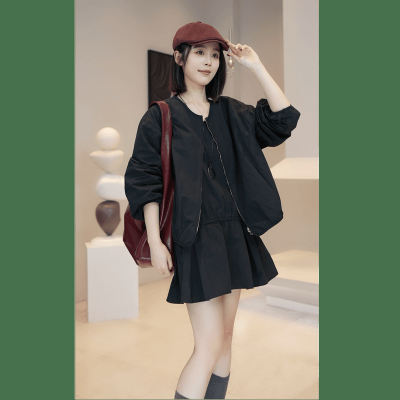 设计感穿搭一整套2025春季新款复古气质圆领拉链短外套吊带裙女装|undefined