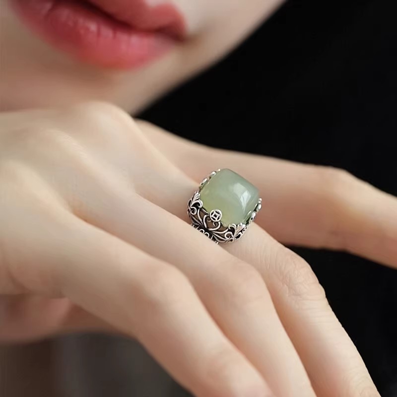 Vintage Chinese Style Hetian Jade Copper Coin Ring Adjustable_voghion.com