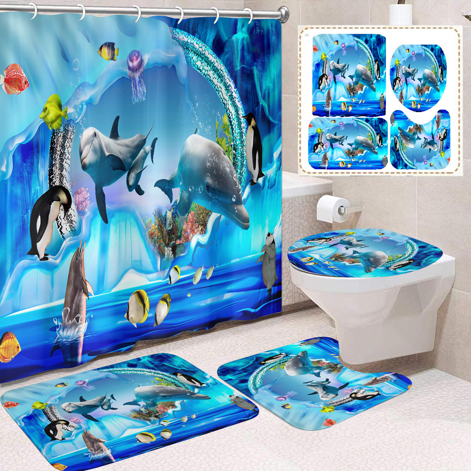 Cortina de ducha transfronteriza con diseño de delfines azules, estampada digitalmente, de poliéster, sin perforaciones, para baño, decoración del hogar image 24