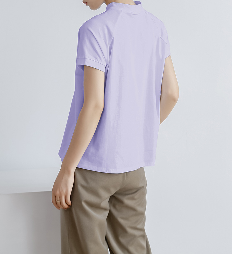 Summer Cotton Solid Color Short Sleeve Women T Shirt French Pullover Women Side Slit