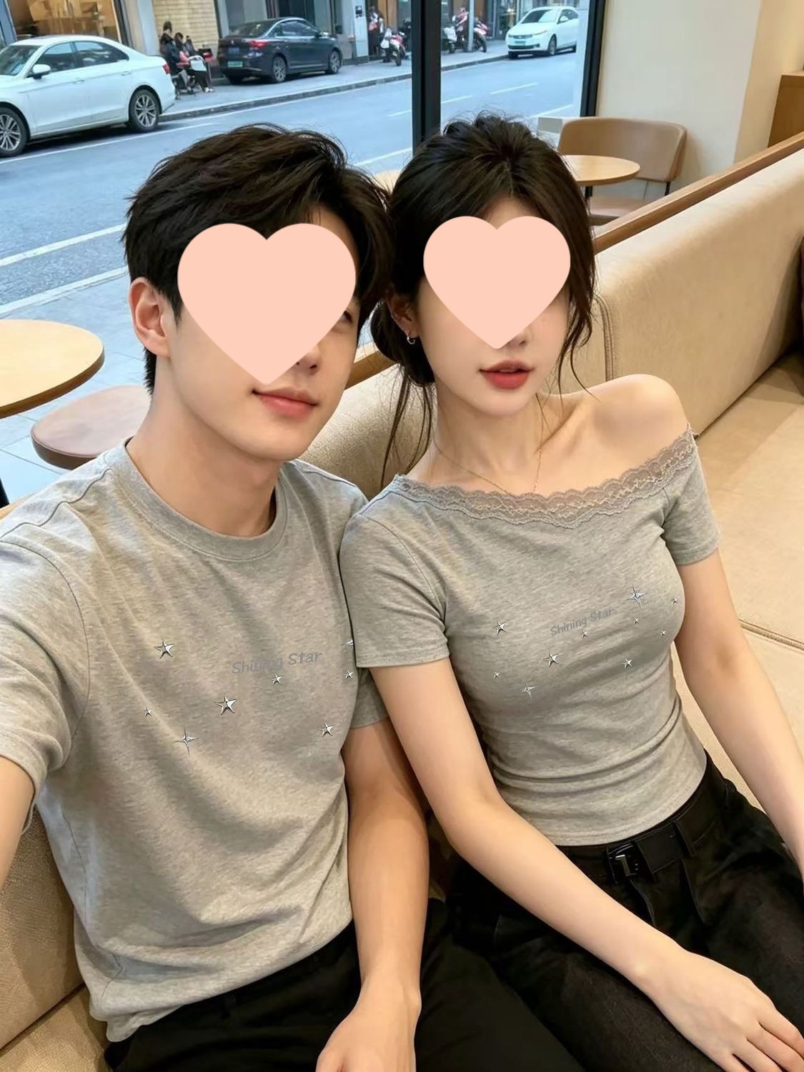 特别的情侣装夏季斜肩上衣修身蕾丝一字肩百搭一男一女短袖t恤潮
