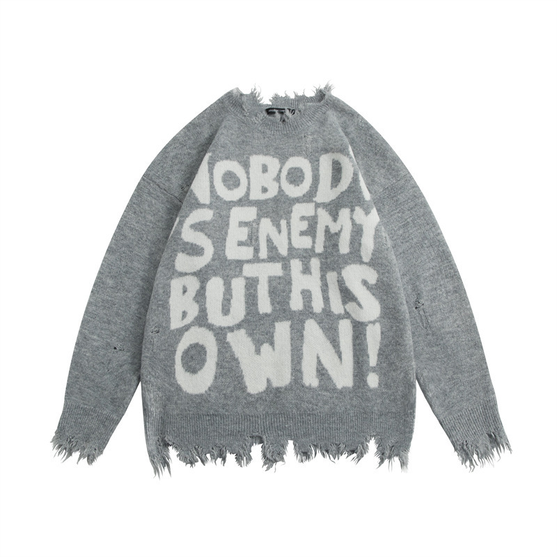 HeyHenry ストリートファッション ダメージ加工 リップドレタージャカード ローエッジニット プルオーバー セーター カップルセーター 男の子と女の子用|undefined
