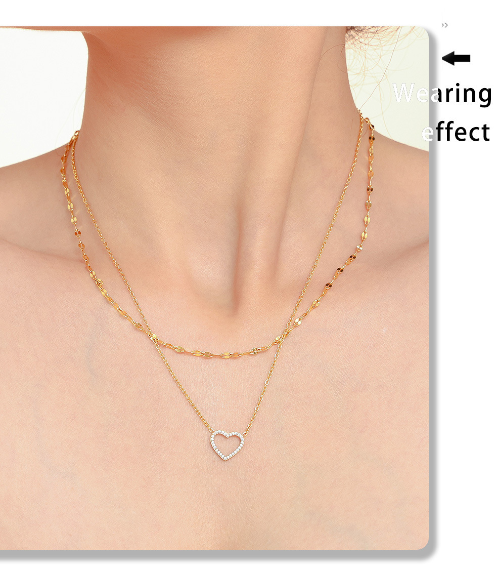 Square Sugar Ins Heart-shaped Handmade Zircon Double Layered Collarbone Necklace Bracelet Set Titanium Steel PVD Electroplating Color Preservation_voghion.com