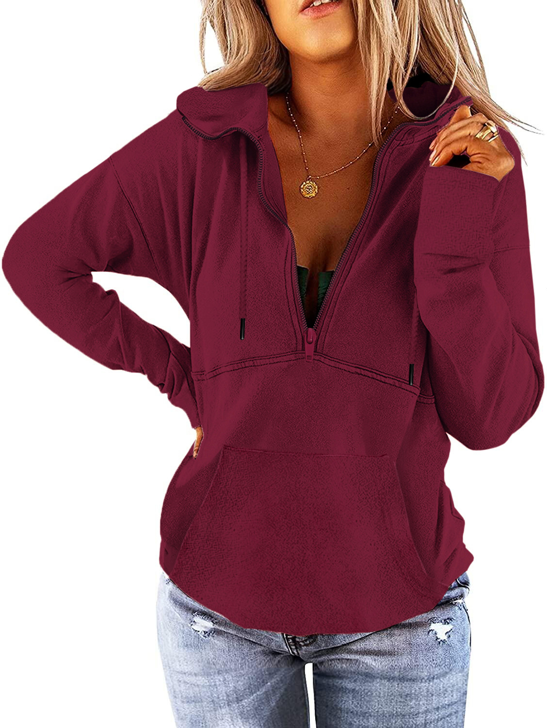 Pure Color Zipper Loose Long Sleeve Pullover hoodie nihaostyles clothing wholesale NSMDF81659