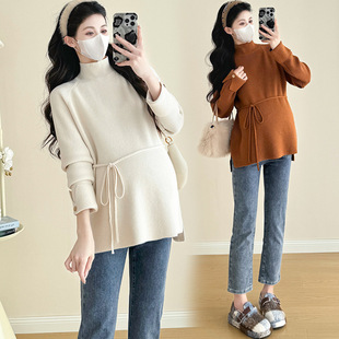 Pregnant Women's Fashion All-match Autumn and Winter Loose French Split Design Sense Pregnant Mom All-match Knitted Sweater Base Shirt