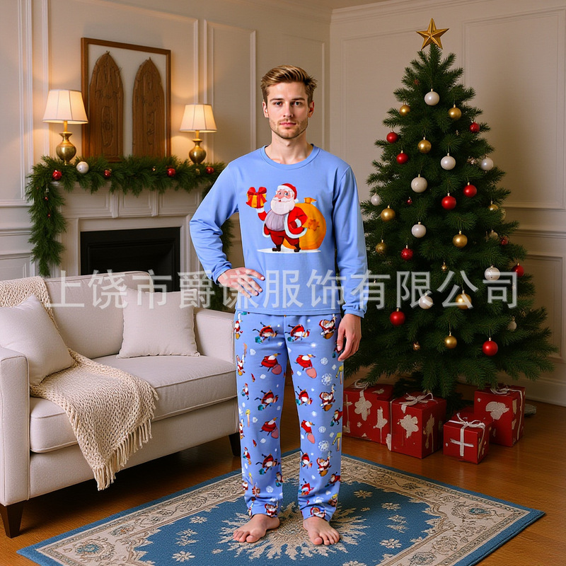 2025跨境新款圣诞亲子家庭装3D数码印花长袖睡衣套装家居服睡裤|undefined