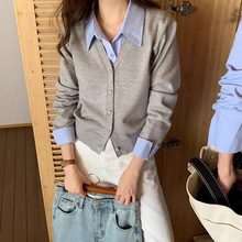 韩系假两件针织毛衣女2025新款早秋设计感小众百搭衬衫领上衣外套