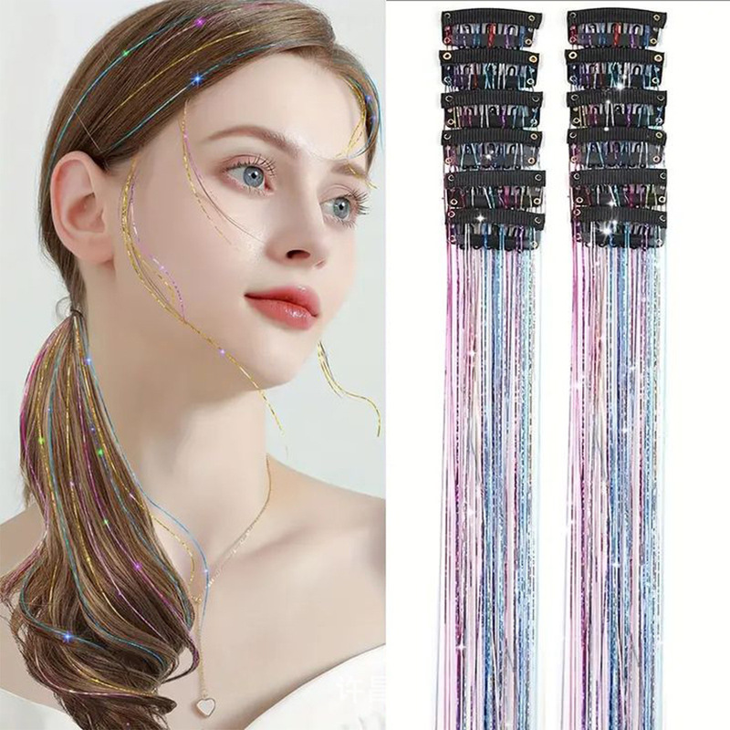 European and American Cross-Border 12-Pack Bb Clip Laser Gold Wire Shiny Metal Wire Hair Extension Wig Tinsel Hair