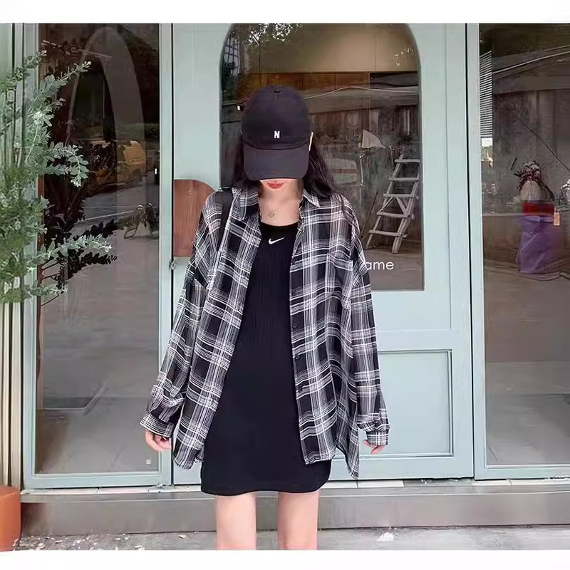 Lazy Sun Protection Shirt for Women, Light and Elegant Shirt Top, Loose Air-Conditioned Long-Sleeved Plaid Cardigan Sweater