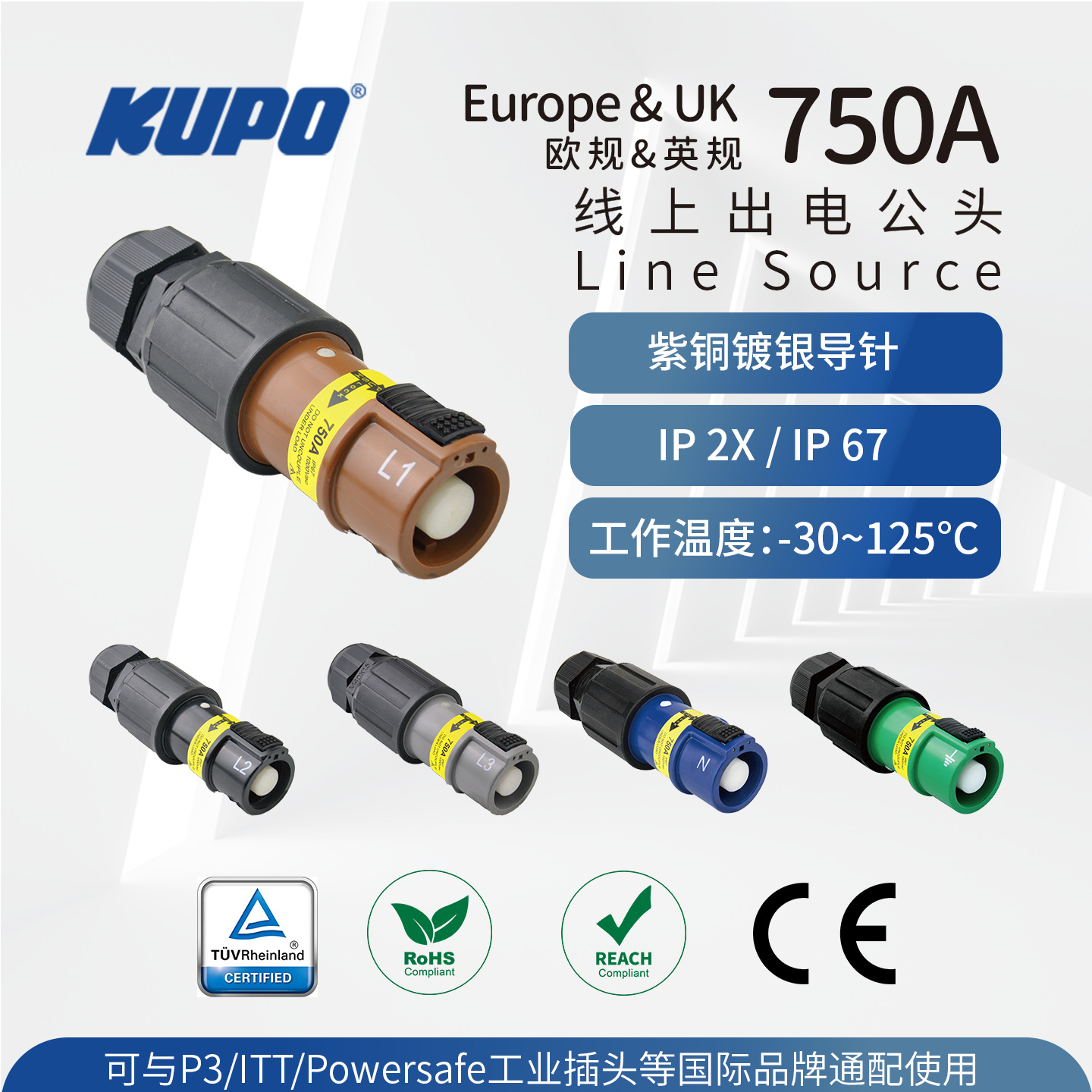 TUV欧规750A大电流穿墙端子通配P3 ITT Powersafe工业插头IP67