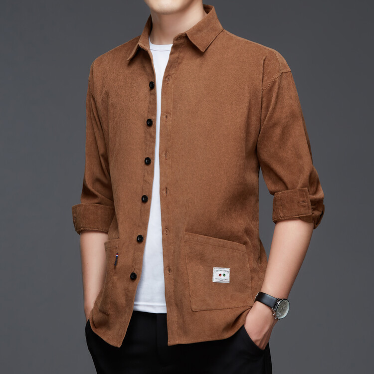Young and Middle-aged Casual Long-sleeved Corduroy Shirt Men's Coat Pocket Shirt Loose Solid Color Trendy Men's Top Base Shirt