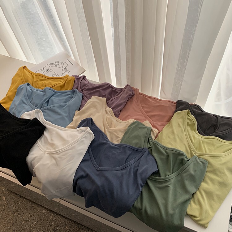 Basic cool copper ammonia silk round neck short-sleeved T-shirt women's summer loose V-neck drape ice Silk solid color bottoming top