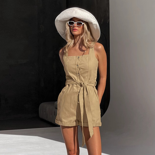 Cross-border European and American summer new style strap waist belt short one-piece dress fashion solid color commuting women's clothing can be wholesale 