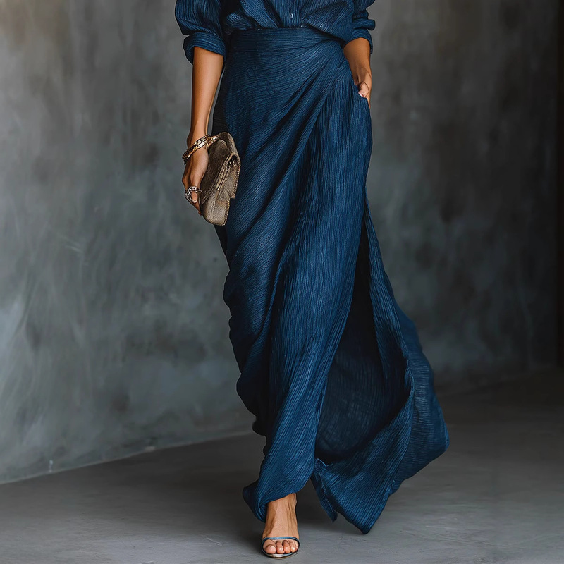 2025 Independent Fashion Website European and American Women's Clothing Autumn Elegant and Sexy Solid Color Irregular Pleated Pocket Long Dress
