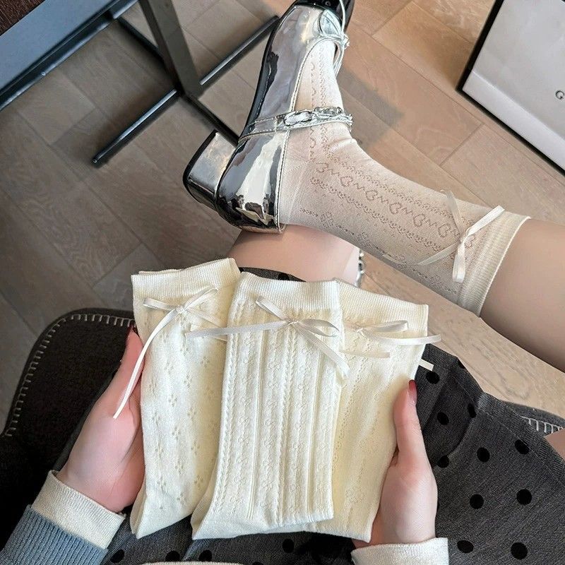 Summer thin mesh pile socks spring and summer side bow ribbon love hollow Lolita socks Summer thin mesh pile socks spring and summer side bow ribbon love hollow Lolita socks