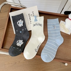 植绒小猫袜子女2025秋季新款可爱卡通中筒袜ins潮条纹堆堆袜无骨