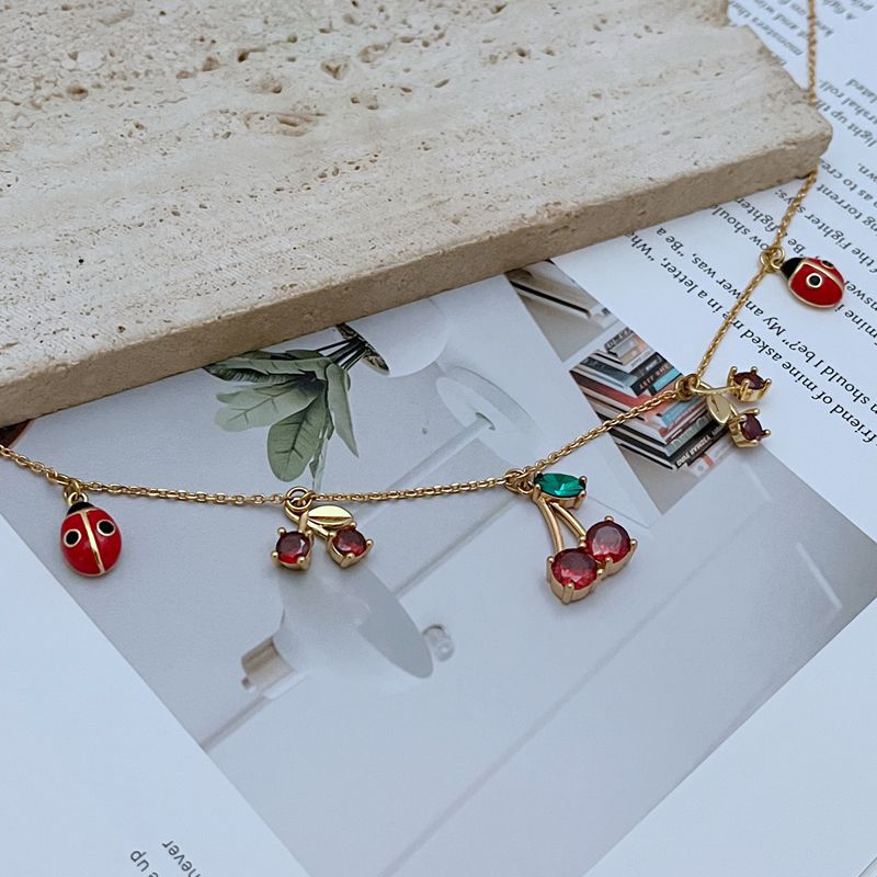 All Seasons Season Women's Gender Wholesale Jewelry Sweet Cherry Ladybugs Copper 18K Gold Plated Plating Cable Chain Necklace