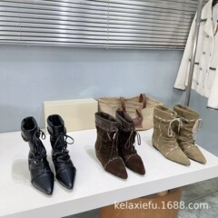 小众2025秋冬新款真皮尖头复古内增高系带中筒堆堆靴西部牛仔靴女