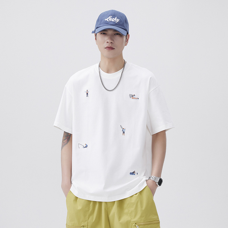 260g Heavy Cotton Casual T-Shirt Men's Summer New Creative Embroidered T-Shirt Loose Half Sleeve Base Shirt