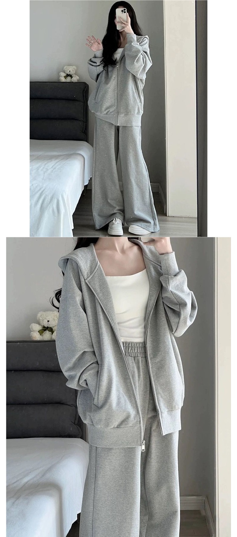 ActiveGo Casual Sports Suit Women, New Loose Hooded Gray Sweatshirt Wide-Leg Pants Two-Piece Set With Cardigan Jacket For Autumn_desvips.com