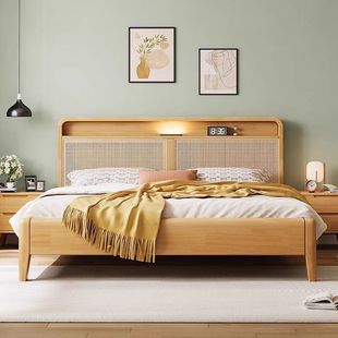 Nordic Style Solid Wood Rattan Bed Japanese Style Log Style 1.8 Double Bed Modern Simple Retro Storage Bed Master Bedroom Homestay