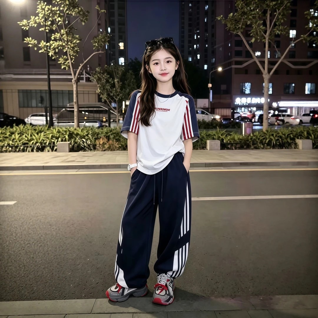 纯棉上衣女童条纹2026夏季新款儿童百搭款运动风短袖长裤两件套