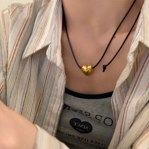 Fever Heart Pendant Necklace for Women - Summer High-End Design, Unique Slip Cord Lock Bone Chain Adjustable Collar Necklace