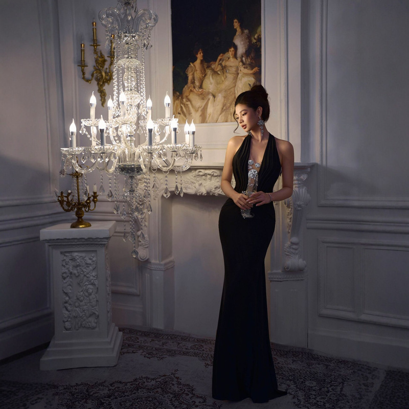 Hepburn Dark Gothic Backless Sexy Rhinestone Halter Neck Mermaid Long Dress, Heavily Embellished Party Annual Meeting Evening Gown Hepburn Dark Gothic Backless Sexy Rhinestone Halter Neck Mermaid Long Dress, Heavily Embellished Party Annual Meeting Evening Gown