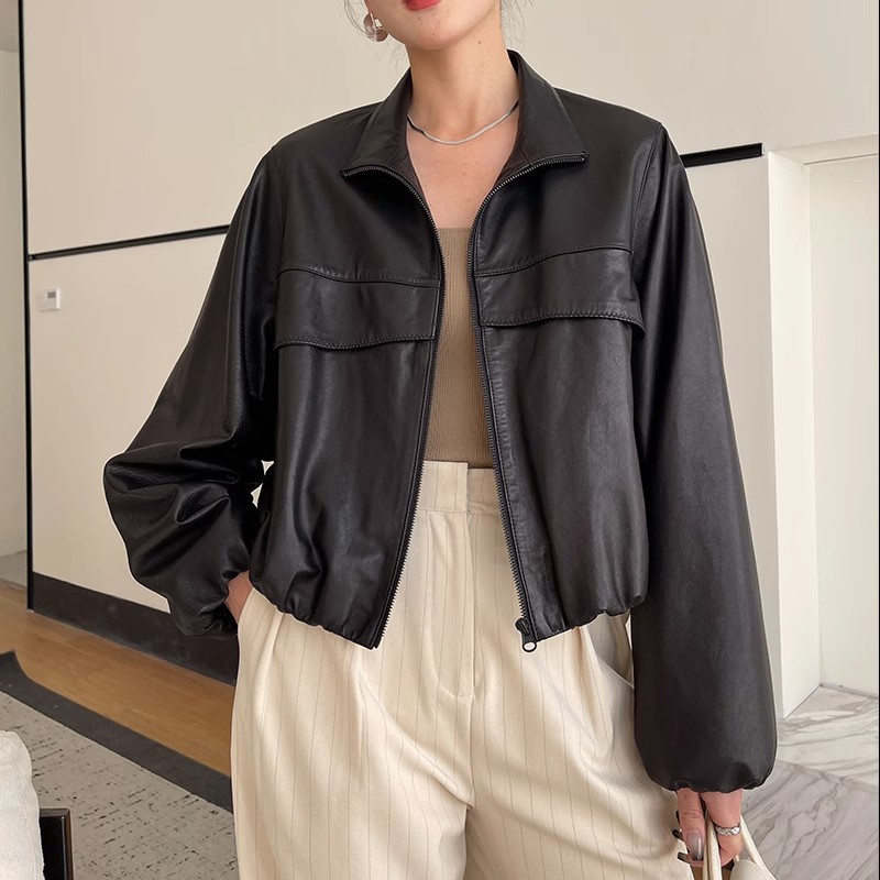 Popular 2025 Autumn New Style Genuine Leather Jacket Women's Short Casual Loose Goatskin Classy Motorcycle Leather Jacket