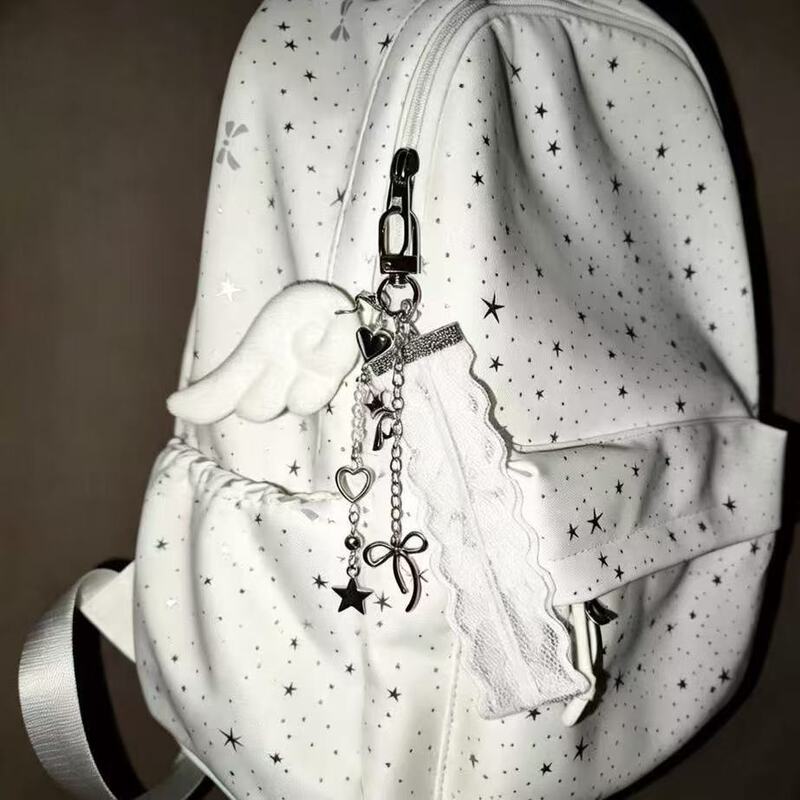 Y2K Sweet Cool Angel Wings Bag Charm, White Long Lace Key Pendant, Heart-Shaped Unique Personalized Backpack Decoration