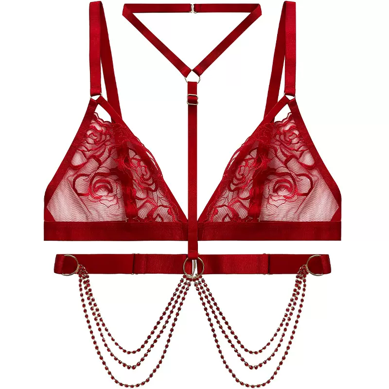 性感透视情趣内衣女三角围丁字裤脖领本命年红玫瑰刺绣文胸72109