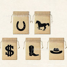 亚马逊西部牛仔西式马派对礼品马袋带拉绳可重复使用生日收纳麻布