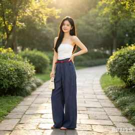 明星同款阔腿裤女藏蓝色宽松松弛感休闲慵懒老钱风西装裤