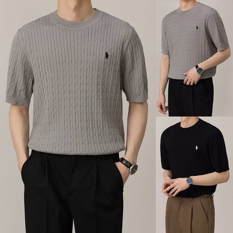 Camiseta de punto de manga corta camiseta masculina marcas de caballo bordadas viejas flores de negocios de hielo seda fábrica de verano transfronteriza al por mayor