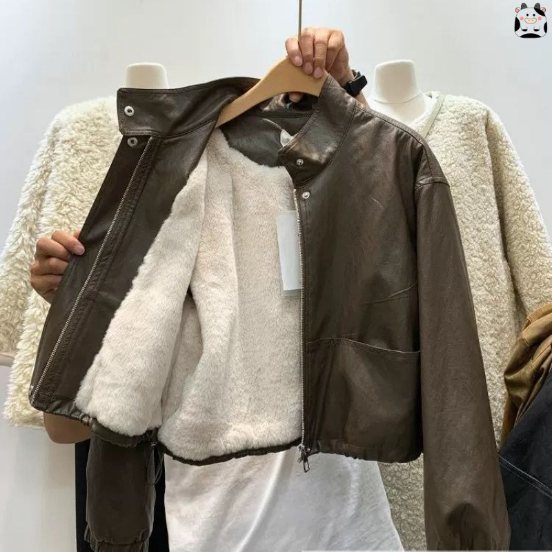 Korean Style Stand-Up Collar Plus Plush Lining Leather Jacket for Women Winter Handsome Drawstring Waist Motorcycle Jacket Thickeneded Warm Jacket