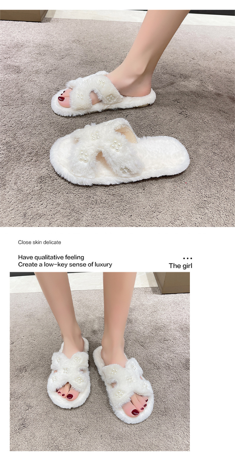 Neue pelzige Hausschuhe Damen einfache hohle Perle Wort Home Plüsch Schuhe Boden Großhandel Amazon_voghion.com