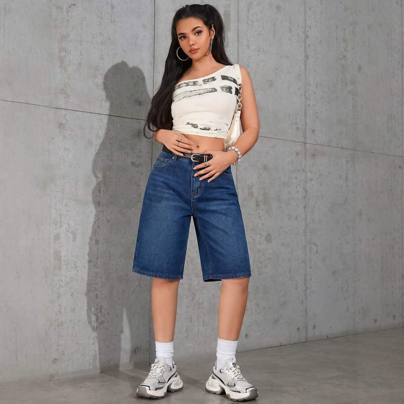European and American Style Dark Washed Denim Shorts, Mid-Waist, Slimming, Loose Straight-Leg, Casual Workwear, Cross-Border Goods
