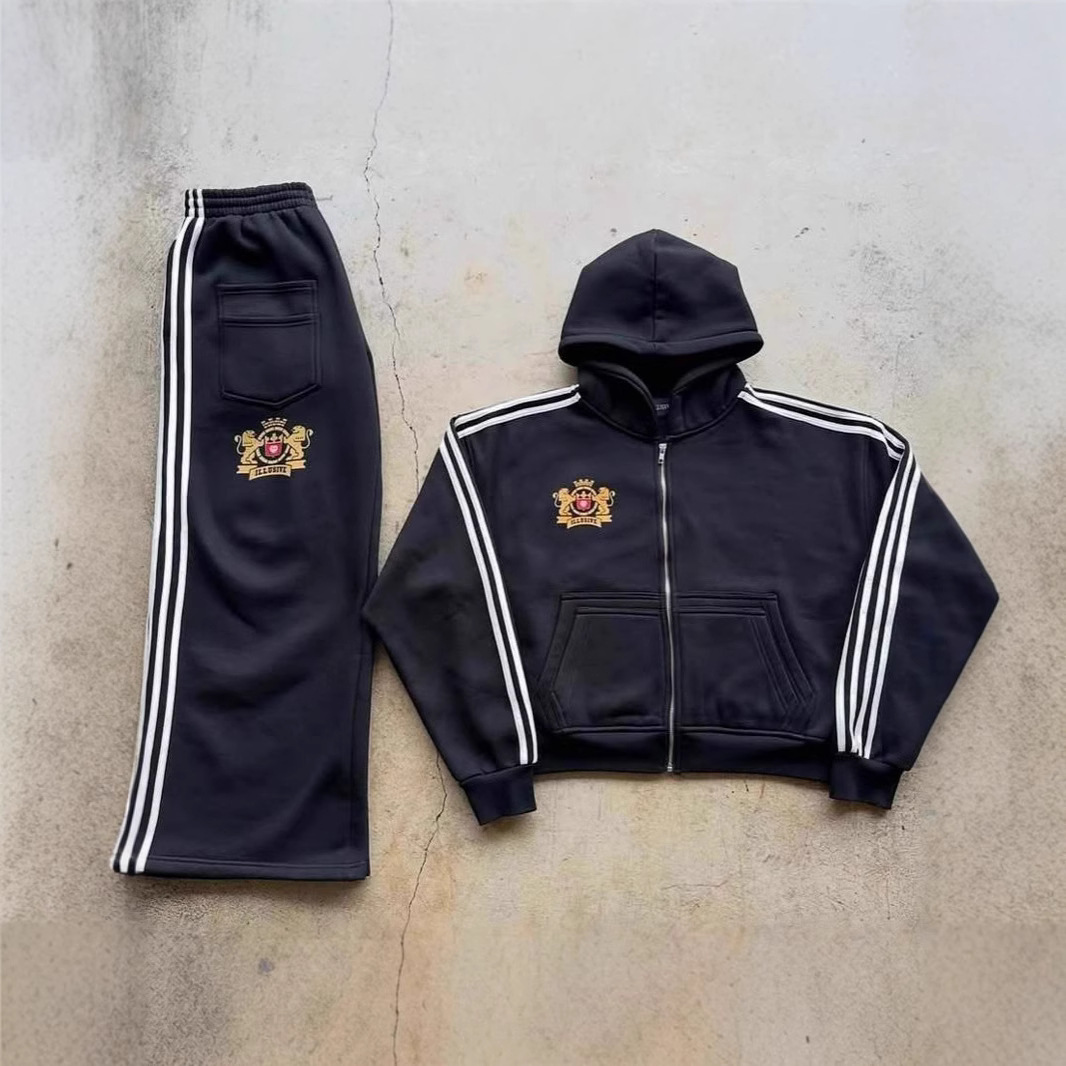 "Oversized-Streifen-Hoodie-Set - Unisex-Winterpullover mit überschnittenen Schultern und passender Hose, Streetwear-Loungewear (Schwarz/Grau/Pink/Kastanienbraun, S-XL)"_voghion.com