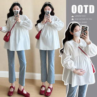 Maternity Fashion Korean Style 2025 New Spring Elegant Fashion Doll Collar Long Sleeve Shirt Can be Stacked