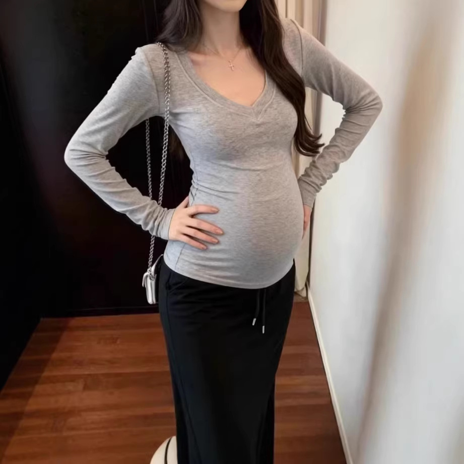 Maternity V-Neck Long-Sleeve T-Shirt Base Shirt 2026 Autumn and Winter New Fashion Versatile Slim-Fit Inner Wear Regular Shoulder Top