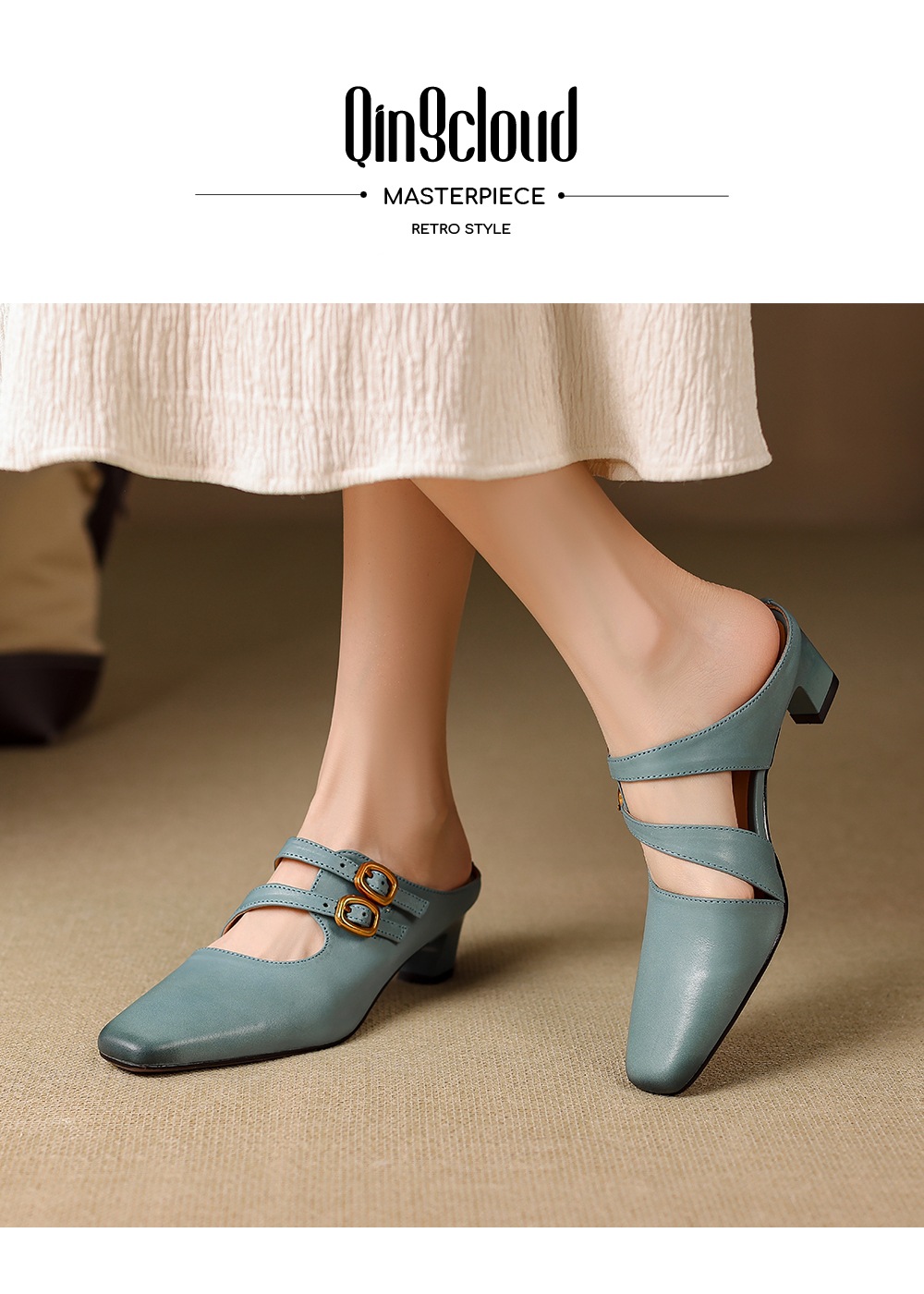 Sandal nữ quai ngang gót vuông ổn định, da bò thật, khóa sau, phong cách Muller — đen chi tiết 2
