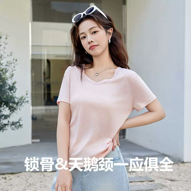 春夏春季新款天丝纯色t恤女短袖修身V紧身女装性感新款潮体恤上衣