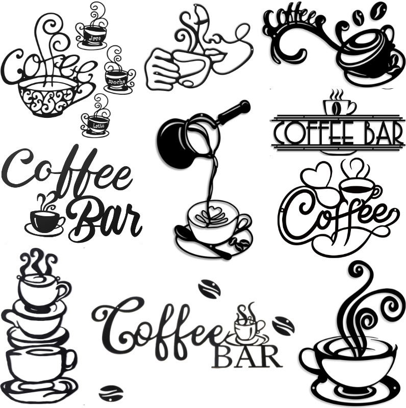 金属铁艺咖啡杯壁饰艺术标牌咖啡杯墙饰工艺品背景墙厨房壁挂剪影