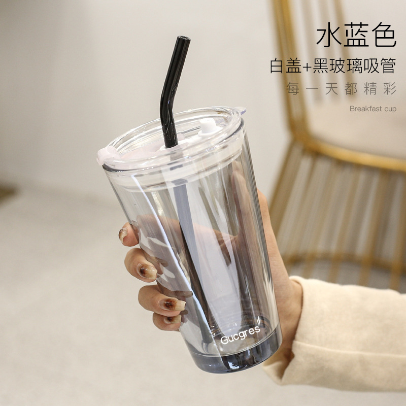 Vaso de Cristal con Pajita Aurora Boreal – Para Leche, Té y Café, Regalo de Apertura