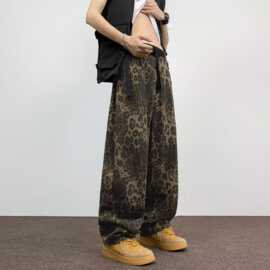 新款潮流豹纹牛仔裤男2026春夏季薄款美式高街宽松直筒休闲长裤